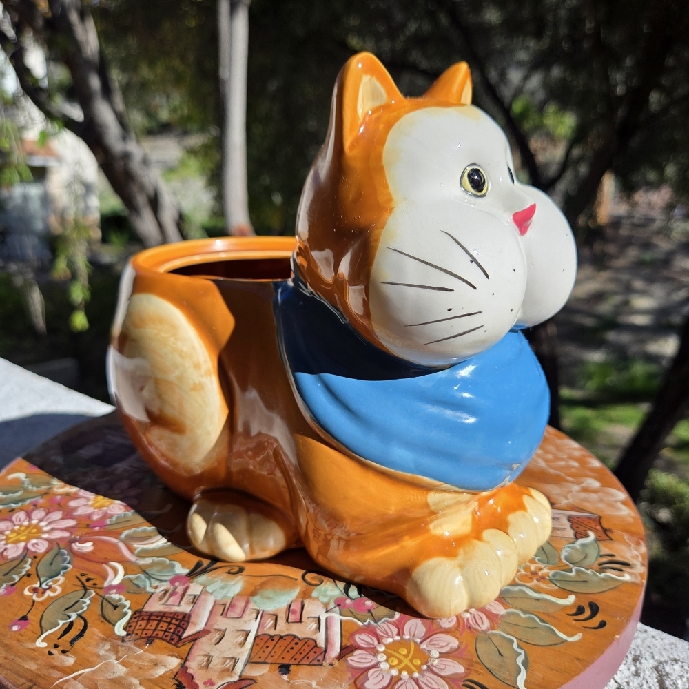 VTG Orange Cat Cookie Jar Fat Cheeks Blue Bandana Whimsical Kitchen Decor Feline